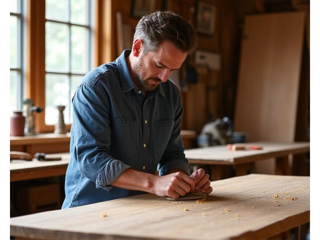 Founder of Gumtree Furnishings working on a piece of furniture in a sunlit workshop