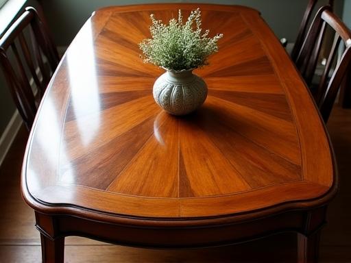 Restored antique dining table with polished wood surface
