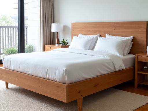 Custom wooden bed frame with integrated storage