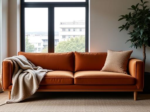 Custom-designed mid-century modern sofa with velvet upholstery