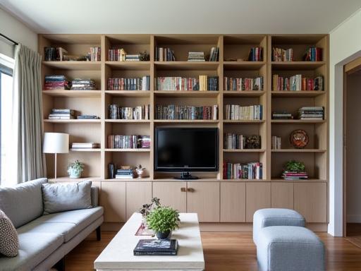 Modular shelving unit custom-built for a living room