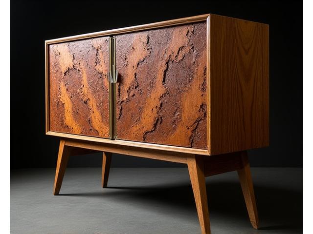 Unique artisanal cabinet with intricate wood detailing.