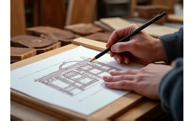 Artisan sketching custom furniture designs, showing bespoke craftsmanship