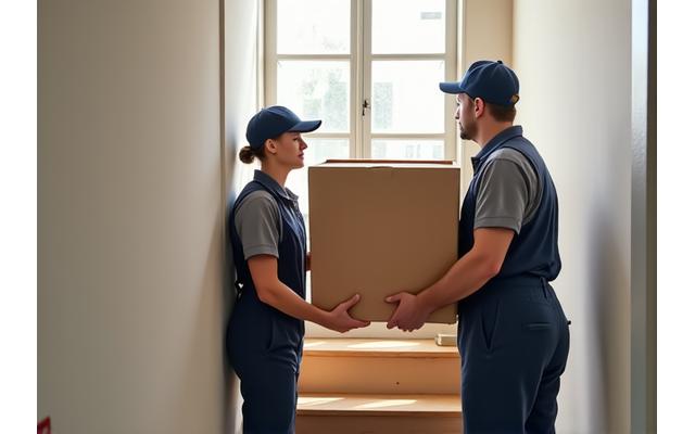Professional movers carefully carrying flat-pack furniture box upstairs for assembly.