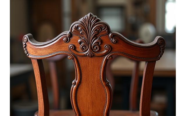 Restored antique wooden chair with intricate carvings, shining after treatment