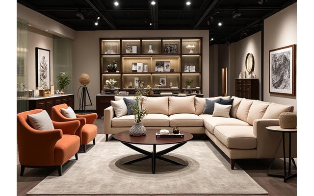 Stylish ready-made furniture in a showroom, including沙发, accent chairs, and coffee tables.