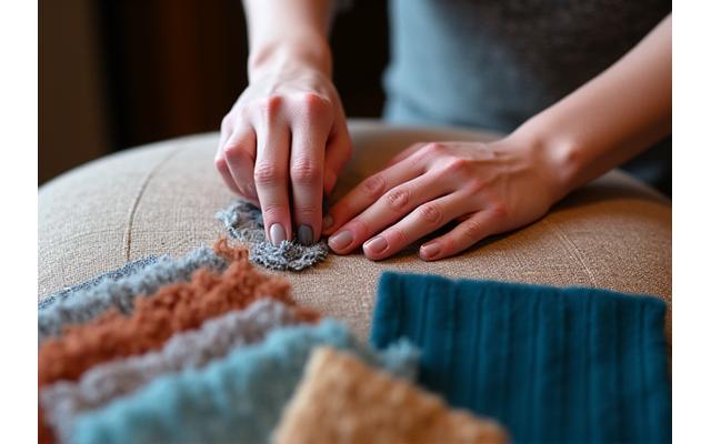 Close-up of hands working on upholstery with luxurious fabric swatch